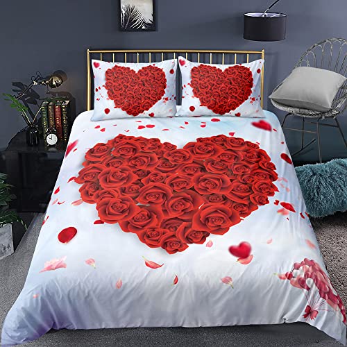 Michorinee Partner Bettwäsche Set 135x200 2 Teilig Rot Rosen Blumen Herzen Muster auf Weiß Paare Bettbezug Romantisch Microfaser Partnerbettwäsche Set - 135 x 200 + 80 x 80 cm von Michorinee