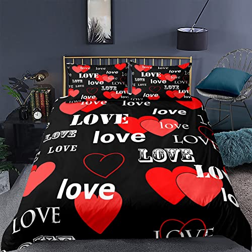 Michorinee Partner Bettwäsche Set 200x200 3 Teilig Schwarz Rot Love Liebe Ornamente Paare Bettbezug Wendemotiv Microfaser Partnerbettwäsche Set - 200 x 200 + 2 x 80 x 80 cm von Michorinee