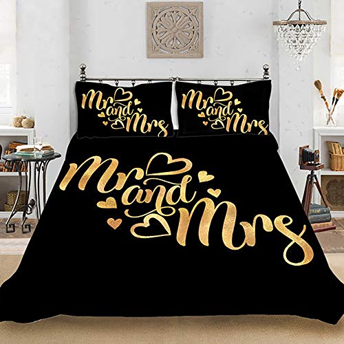 Michorinee Partner Bettwäsche Set 200x220 3 Teilig Mr und Mrs Schwarz Gold Love Herzen Ornamente Paare Bettbezug Wendemotiv Microfaser Partnerbettwäsche Set - 200 x 220 + 2 x 80 x 80 cm von Michorinee