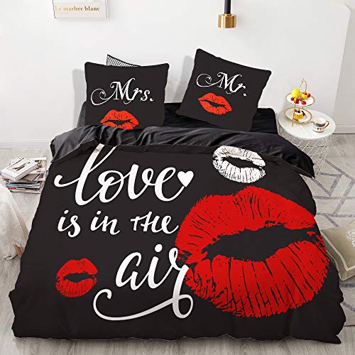 Michorinee Partner Bettwäsche Set 200x220 3 Teilig Mr und Mrs Schwarz Rot Lippen Ornamente Wendemotiv Microfaser Partnerbettwäsche Set - 200 x 220 + 2 x 80 x 80 cm von Michorinee