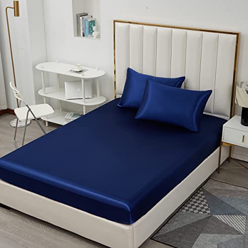 Michorinee Satin Spannbettlaken 120x200cm Blau Glatt Seide Glanzsatin Bettlaken Boxspringbett Topper Microfaser Spannbetttuch für Matratze bis 25 cm von Michorinee