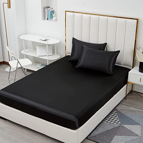 Michorinee Satin Spannbettlaken 120x200cm Schwarz Glatt Seide Glanzsatin Bettlaken Boxspringbett Topper Microfaser Spannbetttuch für Matratze bis 25 cm von Michorinee