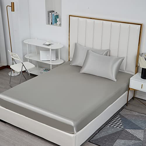 Michorinee Satin Spannbettlaken 140x200cm Silber Grau Glatt Seide Glanzsatin Bettlaken Boxspringbett Topper Microfaser Spannbetttuch für Matratze bis 25 cm von Michorinee