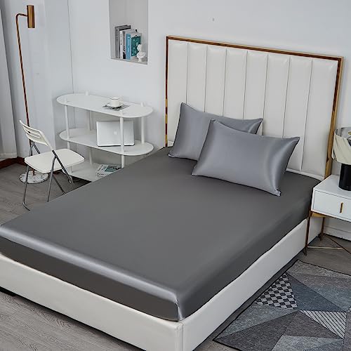 Michorinee Satin Spannbettlaken 160x200cm Grau Glatt Seide Glanzsatin Bettlaken Boxspringbett Topper Microfaser Spannbetttuch für Matratze bis 25 cm von Michorinee