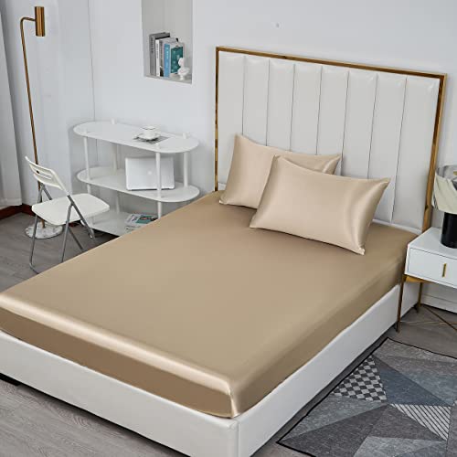 Michorinee Satin Spannbettlaken 160x200cm Taupe Glatt Seide Glanzsatin Bettlaken Boxspringbett Topper Microfaser Spannbetttuch für Matratze bis 25 cm von Michorinee