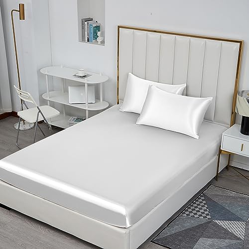 Michorinee Satin Spannbettlaken 160x200cm Weiß Glatt Seide Glanzsatin Bettlaken Boxspringbett Topper Microfaser Spannbetttuch für Matratze bis 25 cm von Michorinee