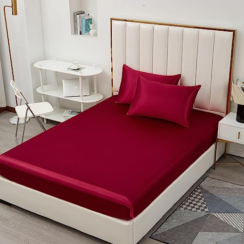 Michorinee Satin Spannbettlaken 90x200cm Weinrot Glatt Seide Glanzsatin Bettlaken Boxspringbett Topper Microfaser Spannbetttuch für Matratze bis 25 cm von Michorinee