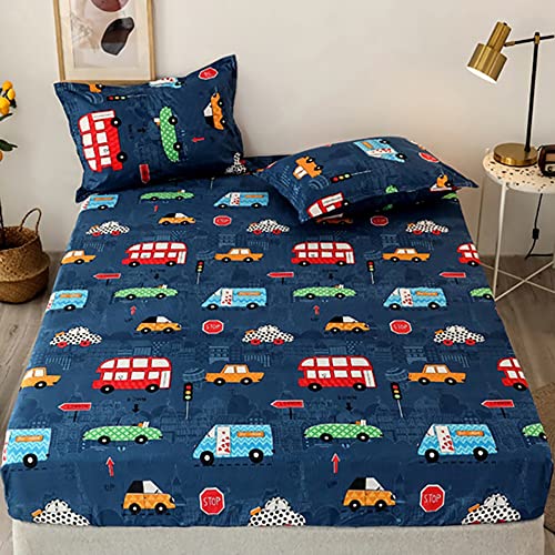 Michorinee Spannbettlaken Kinder 90x200cm Blau Auto Cars Motiv Muster Bettlaken Boxspringbett Topper 100% Microfaser Kinder Junge Spannbetttuch für Matratze bis 25 cm Hohe von Michorinee