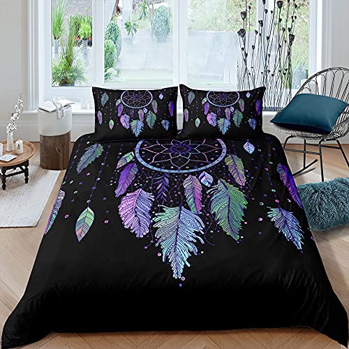 Michorinee Traumfänger Bettwäsche 135x200 Bohemian Style Federn Motiv 2 Teilig Schwarz Microfaser Dreamcatcher Einzelbett Bettwäsche Set - Bettbezug 135 x 200 cm + Kissenbezug 80 x 80 cm von Michorinee