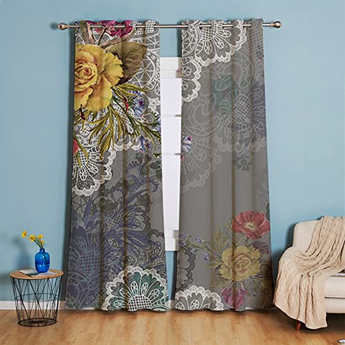 Michorinee Vorhang Blickdicht Gardinen Gelb Blumen Muster Boho Vintage Verdunkelung mit Ösen Landhaus Dekoschal Kräuselband Blätter für Schlafzimmer Wohnzimmer 2er Set 240 × 132cm (H × B) von Michorinee