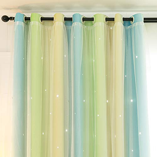 Michorinee Vorhang Kinderzimmer Farbverlauf Hohle Sterne Verdunkelungsvorhang Prinzessin Blickdicht Gardine Kräuselband Ösenschal Voile Blau Grün für Mädchenzimmer, 1 Stücke 158 × 132cm (H × B) von Michorinee