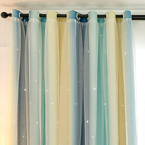 Michorinee Vorhang Mädchenzimmer Farbverlauf Hohle Sterne Verdunkelungsvorhang Blickdicht Gardine Kräuselband Fantasie Ösenschal Voile Dunkeblau Gelb für Kinderzimmer, 1 Stücke 182 × 117cm (H × B) von Michorinee