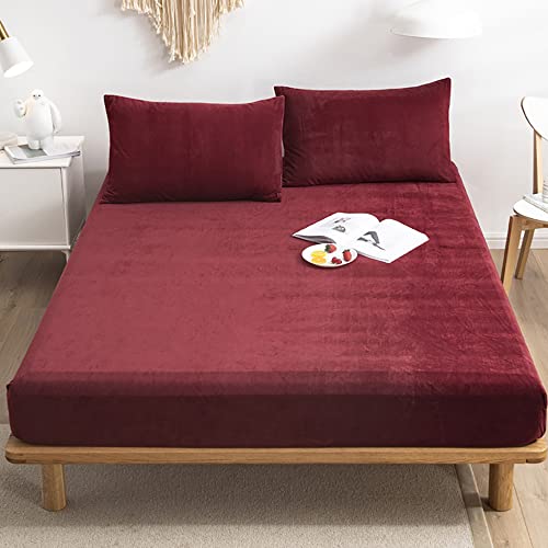 Michorinee Warme Fleece Spannbettlaken 90x200cm 2er Set Cashmere Touch Kuschelig Flauschig Plüsch Flanell Bettlaken Spannbetttuch für Boxspringbett Topper Matratze bis 30 cm Hohe Weinrot von Michorinee