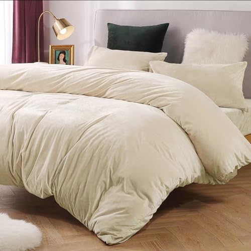 Michorinee Winter Plüsch Bettwäsche Set 200x200 Cashmere Touch Flauschig & Warme Coral Fleece Uni Bettbezug mit Reißverschluss - Beige | 200 x 200 cm + 2 x 80 x 80 cm von Michorinee