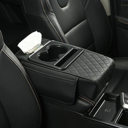 Comeforya Auto Armlehnenkissen mit Getränkehalter – Universal Mittelkonsole Polster, Multifunktionale Leder-Armlehnenauflage mit Papierfach & Handyhalter, Passend für Auto, SUV, LKW (Black) von Micmetago