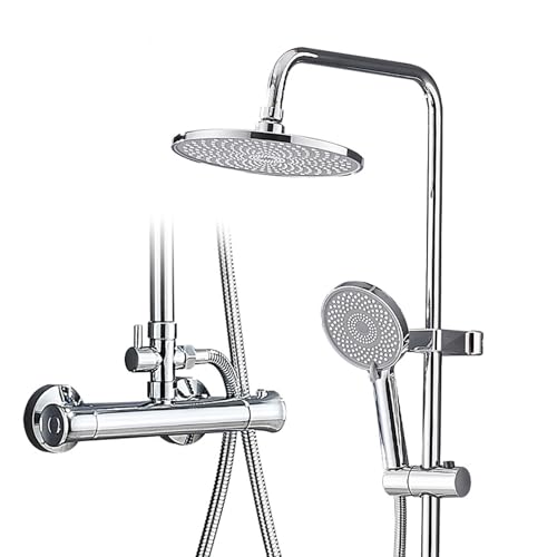 Duscharmatur mit Thermostat - Regendusche und Duschkopf Duschsystem, Shower Set mit Schlauch Handbrause Duschstange, Komplettset Duschset mit Duschbrause, Edelstahl Chrom von Micmetago