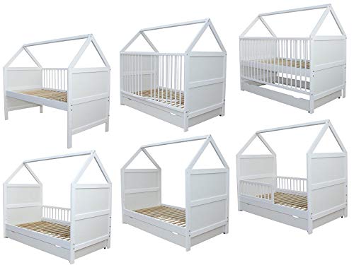 Micoland Babybett Kinderbett Juniorbett Bett Haus 140 x 70cm mit Schublade Weiss 0 bis 6 Jahre von Micoland