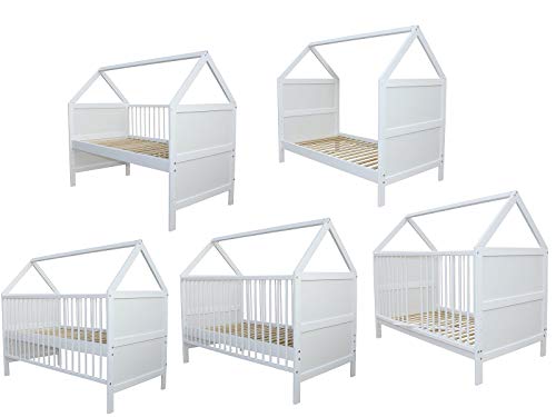 Micoland Babybett Kinderbett Juniorbett Bett Haus 140x70 cm umbaubar massiv Weiss von Micoland
