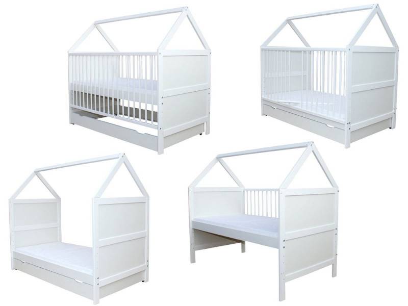 Micoland Kinderbett Babybett Juniorbett Haus 140x70cm + Matratze + Schublade Weiß von Micoland