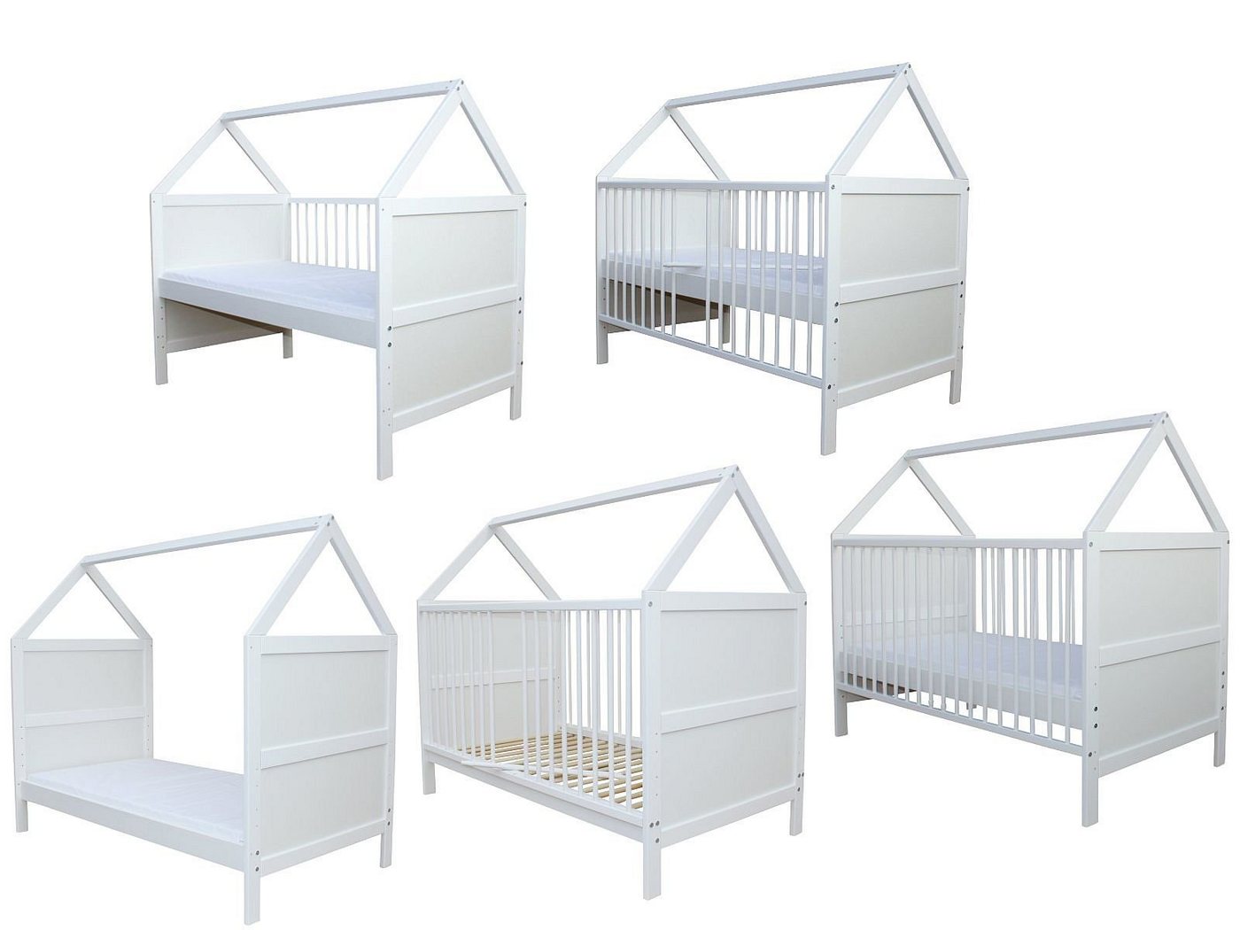 Micoland Kinderbett Babybett Kinderbett Juniorbett Bett Haus 140x70 cm mit Matratze weiß, mit Matratze von Micoland