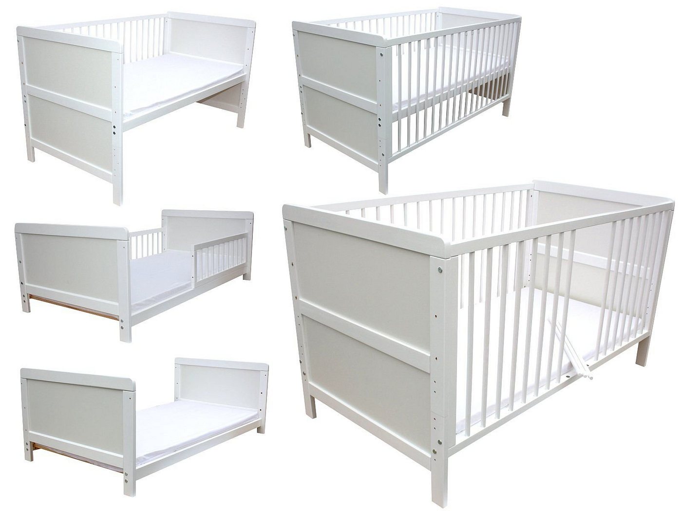 Micoland Kinderbett Kinderbett Juniorbett Beistellbett 140x70 cm 3in1 mit Matratze weiß von Micoland