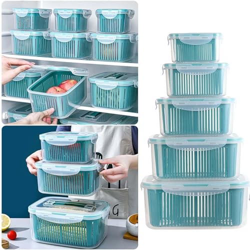 10 Pcs Kühlschrank Organizer Sets Mit Deckel Sieb, 10 Set 5.8L+3.8L+2.3L+1.3L+0.7L Bpa Frei,Frisch Obst GemüSe Aufbewahrung,5 Frischhaltedosen 5 Deckel Sieb, Frischhaltedosen Dicht Trennbar (10) von Micozy