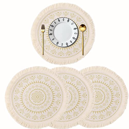 Boho Geflochten Platzsets Abwaschbar 4er Set - 35cm/13.7in Tischsets Abwaschbar, Tischset Rund, Hitzebeständige Stoff Tischsets für Party, Hochzeit, Küche, Esszimmer, Tisch Dekoration (Gelb) von Micozy