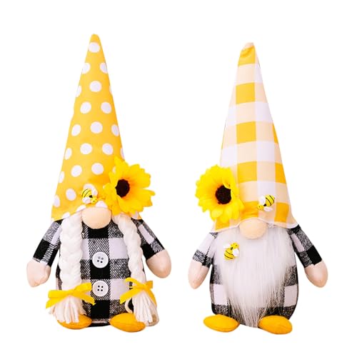 Micozy 2PC Sonnenblume GNOME Plüsch, Gelbe Sonnenblume Blumen GNOME mit Bufflo Plaid Handmade Stuffed Frühling Sommer Weltbienentag gesichtslose Puppe Gnom Plüsch Dekor für Home Tiered Tablett Party von Micozy