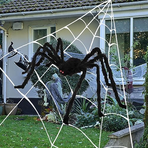 Micozy 500CM Halloween Spinnennetz + 90CM Riesenspinne Deko Fake Spinne mit Dreieck Riesenspinnennetz Halloween Dekoration im Freien, Terrasse Garten Rasen Party Haunted House Deko von Micozy