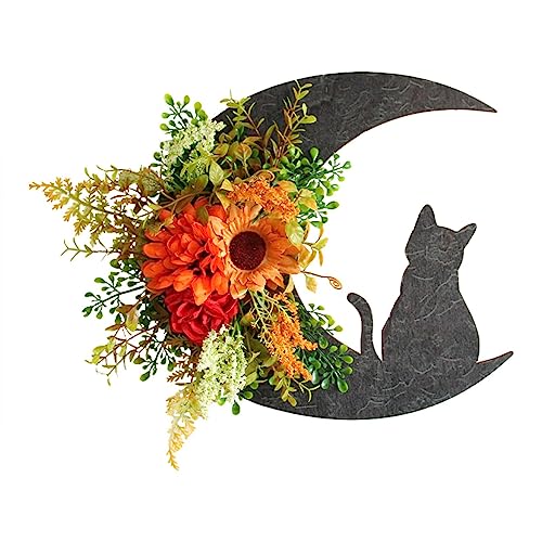 Micozy Mond-Halloween-Kränze für Haustür， Mondkranz mit Katze ，Halloween-Katzen-Türkranz， Halloween-Dekorationen für Haustür Wanddekoration Party (Orange) von Micozy