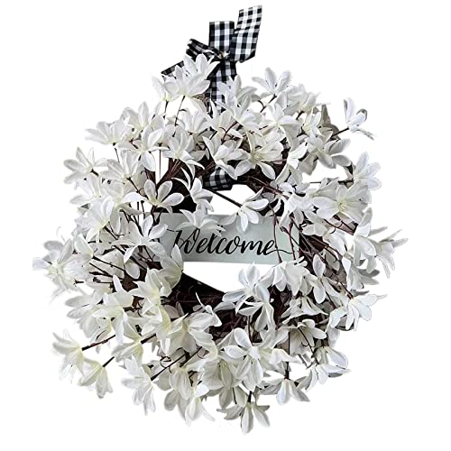 Türkranz Ganzjährig Wandkranz - Türkranz Frühling Handgefertigte Kunstblumendeko für Zuhause, Parties, Türen, Hochzeiten (Weiß Dogwood A, 35cm) von Micozy