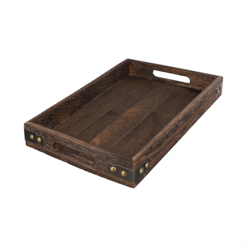 Holz Serviertablett mit Griff, Kaffeeplatte Eckenschutz aus Eisen, Dekorativ Rechteckig Holz Tablett für Frühstück, Couchtisch, Zuhause, Ottomane oder Esszimmer(32×20×4cm) von Micpointik