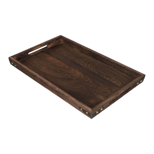 Holz Serviertablett mit Griff, Kaffeeplatte Eckenschutz aus Eisen, Dekorativ Rechteckig Holz Tablett für Frühstück, Couchtisch, Zuhause, Ottomane oder Esszimmer(40×28×4cm) von Micpointik