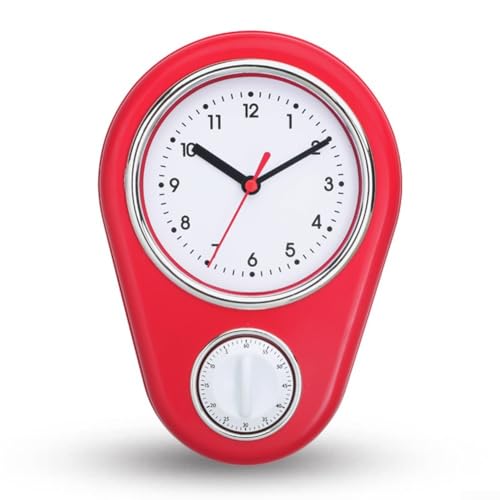 Küchentimer-Wanduhr, 9 Zoll Retro-Wanduhr mit 60-Minuten Küchentimer, Countdown-Timer, Küchentimer für Innen- und Wohnzimmerdekoration(Rot) von Micpointik