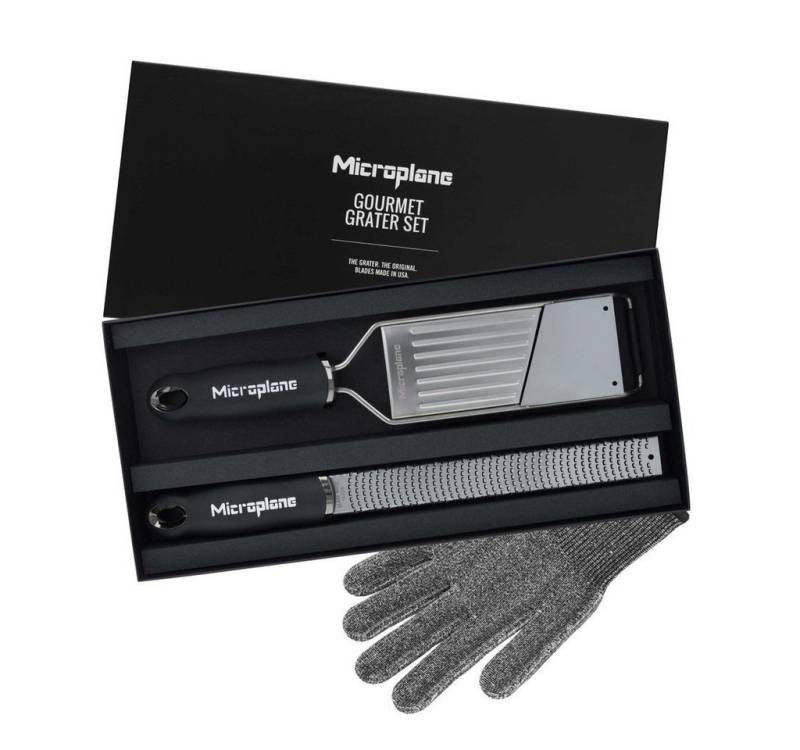 Microplane Küchenreibe Set Premium Zester + Profi Gemüsehobel + Handschuh 36179 von Microplane