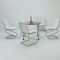 Mid Century Dining Room Table With Four Chairs, By Gastone Rinaldi For Rima Chrome Smoked Glass , Teddi Fabric, 1970S Italy von MidAgeVintageDE2