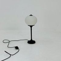 Mid Century Table Lamp Black Metal & Opaline Glas 1970S von MidAgeVintageDE2