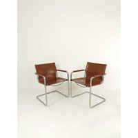 Set Of 2 Matteo Grassi Original Bauhaus Design Visitor Model Chair Tan Cognac Leather 1970S von MidAgeVintageDE2