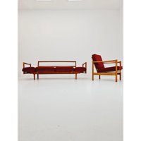 Rare Midcentury Stella Sofa Ash Wood Daybed By Walter Knoll , Set With Armchair Germany, 1950S Rare Midcentury Stella Sofa Ash Wood Daybed By Walter Knoll , Set With Armchair Germany, 1950S von MidAgeVintageDE