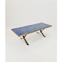 Super Rare Vintage Lapis Lazuli , Brass Coffee Table With X Legs From The 60S Super Rare Vintage Lapis Lazuli , Brass Coffee Table With X Legs From The 60S von MidAgeVintageDE