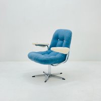 Mid Century Swivel Desk Chair With Blue &white Teddy Fabric 1970S Italy von MidAgeVintageDE2