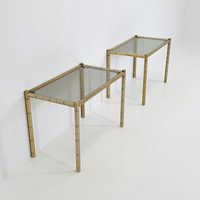 Set Of 2 Hollywood Regency Brass Side Tables /Bedside With Artificial Bamboo Imitation & Glass Frame, 1960S, Italy Set Of 2 Hollywood Regency Brass Side Tables /Bedside With Artificial Bamboo Imitation & Glass Frame, 1960S, Italy von MidAgeVintageDE2