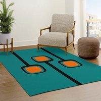 Mid-Century Modern Inspirierter Original Retro Zweige Druck Auf Petrol Mit Pops Of Orange Area Rug von MidModPad