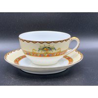 Vintage Flachtasse & Untertasse Set Iona Von Noritake - Weiß Mit Orangen Borte Und Obst Blumen So Hübsch von MidModzilla