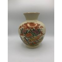 Vintage Keramik Vase - Made in Japan Creme Mit Orange, Gelb, Rosa, Blaue Blumen Gold Trim So Erstaunlich von MidModzilla