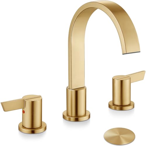 Midanya 20,3 cm breiter Badezimmer-Wasserhahn, Wasserfall, 3 Löcher, 2 Griffe, Badezimmer-Wasserhahn, moderne 20,3 cm Waschtischarmaturen mit Pop-Up-Ablauf und Wasserversorgungsleitungen, Gold Midanya 20,3 cm breiter Badezimmer-Wasserhahn, Wasserfall, 3 Löcher, 2 Griffe, Badezimmer-Wasserhahn, moderne 20,3 cm Waschtischarmaturen mit Pop-Up-Ablauf und Wasserversorgungsleitungen, Gold von Midanya