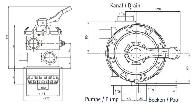 Midas Whirlpoolmatte Midas 6-Wege-Ventil - 1 ½ " - Top Mount von Midas