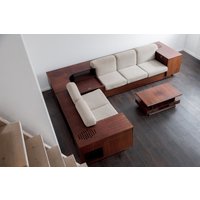 Luxury Italian Corner Sofa With Record Player & Rosewood Shelves Integrated Palm Springs Life Style von MidcenturySourcing