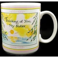Vintage Schwester Tasse Blue Mountain Arts Gedicht, Sonnenuntergangs-Design von Midcenturymugs