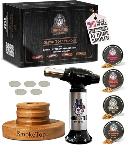 SmokeTop Cocktail-Räucherset und Taschenlampe mit Kirsch-, Hickory-, Ahorn- und Eichenholzspänen – Cocktail-Räucherset & Chips für altmodische Cocktails, Whisky und Bourbon – kein Butan im von Middleton Mixology SmokeTop